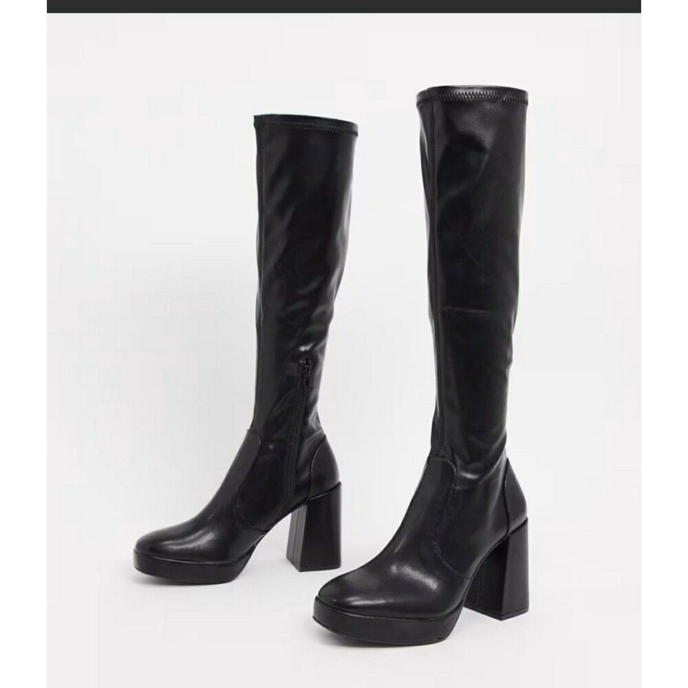 NWOB Pull & Bear Women's Black Platform Heel Knee Boots side-zip Sz 6 #NNN